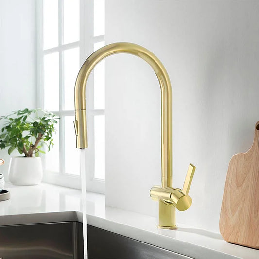 Vos Brushed Brass Single Lever Pull Out Sink Mixer